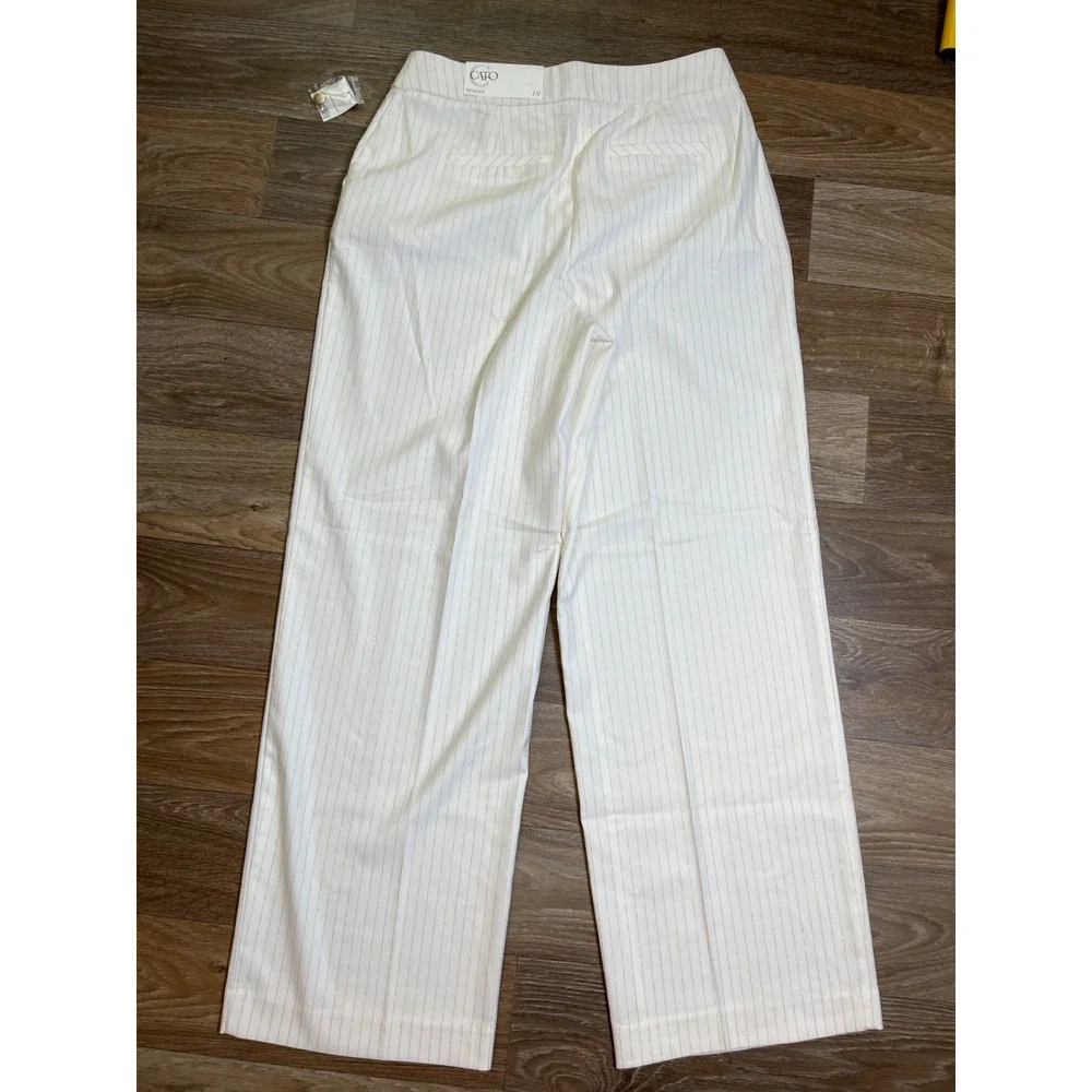 Cato Women White Gold Metallic Pinstripe Wide Leg Old Money Dress Pants Trouser